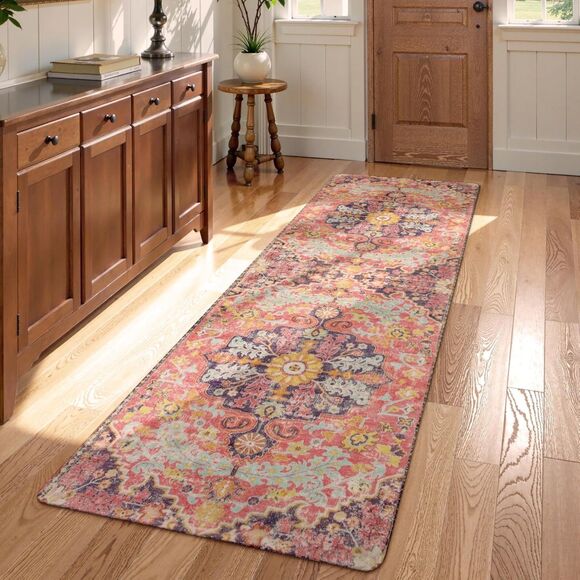 Pop of Pink! 2'x5' Boho Floral Runner – Non-Slip, Washable & Super Slim - Picture 7 of 9